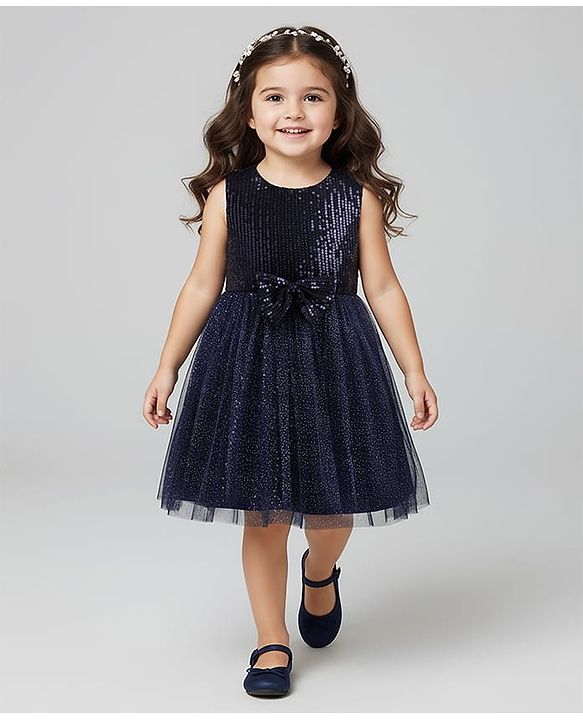 Babyhug Woven Sleeveless Party Dress With Bow Applique & Sequin - Navy Blue