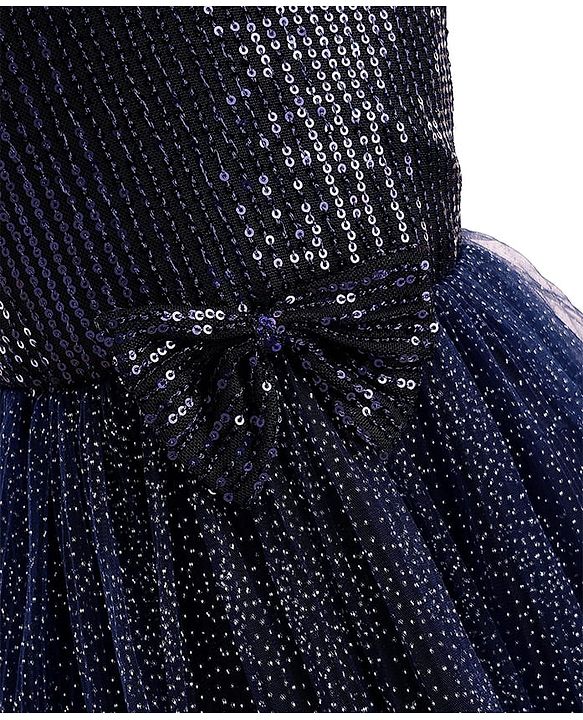 Babyhug Woven Sleeveless Party Dress With Bow Applique & Sequin - Navy Blue