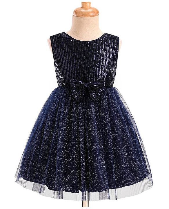 Babyhug Woven Sleeveless Party Dress With Bow Applique & Sequin - Navy Blue