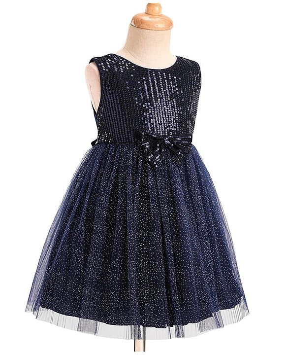 Babyhug Woven Sleeveless Party Dress With Bow Applique & Sequin - Navy Blue
