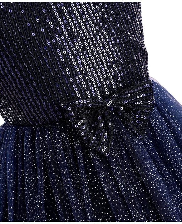 Babyhug Woven Sleeveless Party Dress With Bow Applique & Sequin - Navy Blue