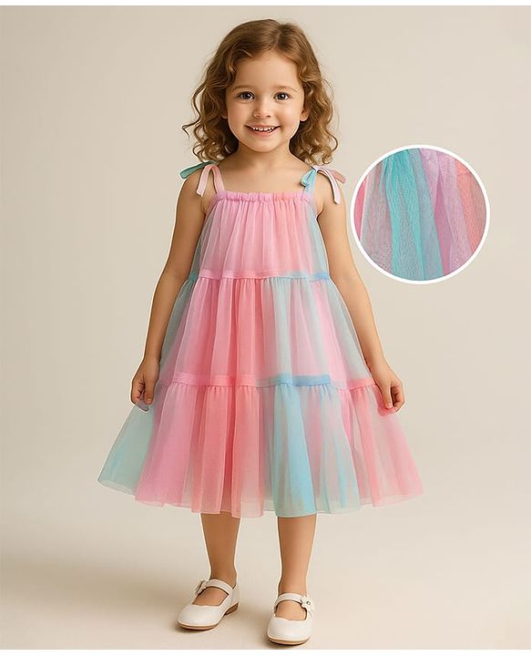 Babyhug Woven Sleeveless Mesh Tiered Party Dress - Multicolor