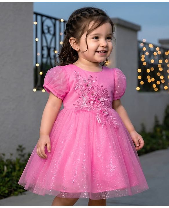 Babyhug Woven Half Sleeves Mesh Party Dress With 3D Floral Applique - Pink