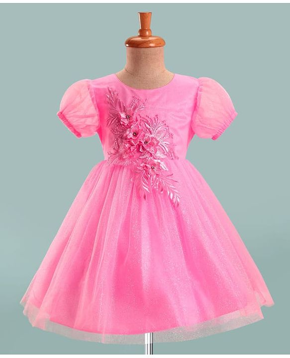 Babyhug Woven Half Sleeves Mesh Party Dress With 3D Floral Applique - Pink