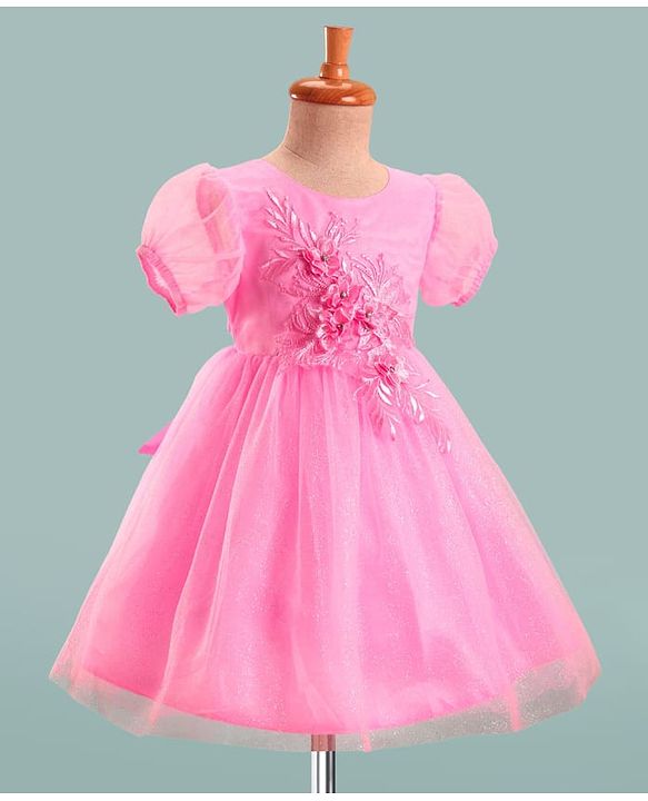 Babyhug Woven Half Sleeves Mesh Party Dress With 3D Floral Applique - Pink