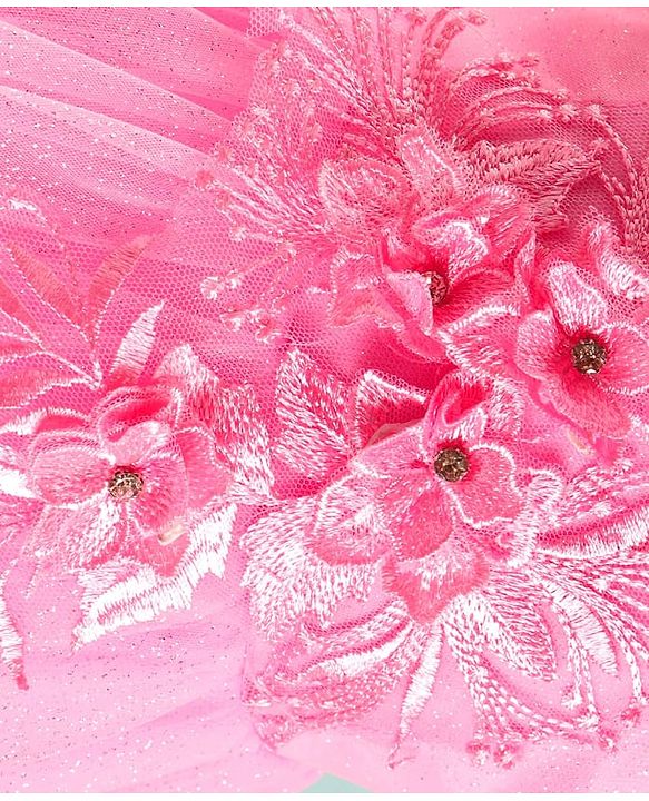 Babyhug Woven Half Sleeves Mesh Party Dress With 3D Floral Applique - Pink