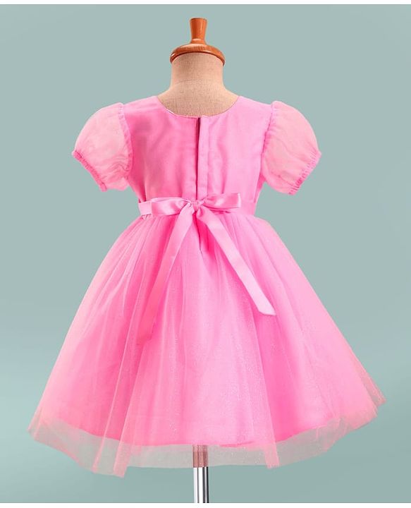 Babyhug Woven Half Sleeves Mesh Party Dress With 3D Floral Applique - Pink