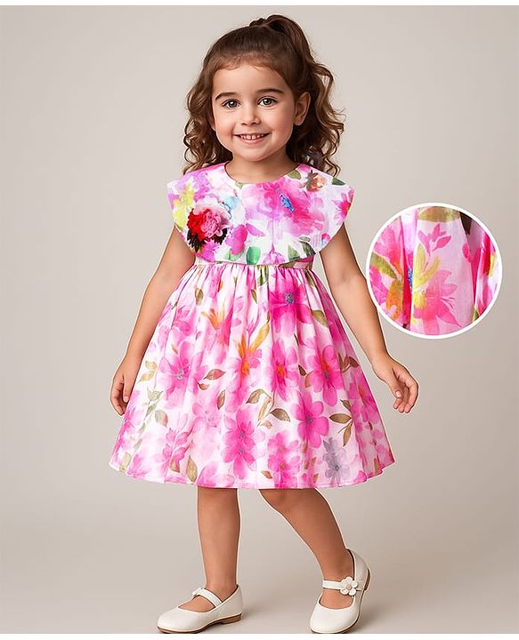 Babyhug Woven Sleeveless Fit & Flare Party Dress with Floral Print - Pink & White