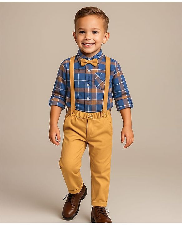 Babyhug Cotton Woven Full Sleeves Checkered Shirts and Trousers Set With Attached Bow & Suspender - Blue & Yellow