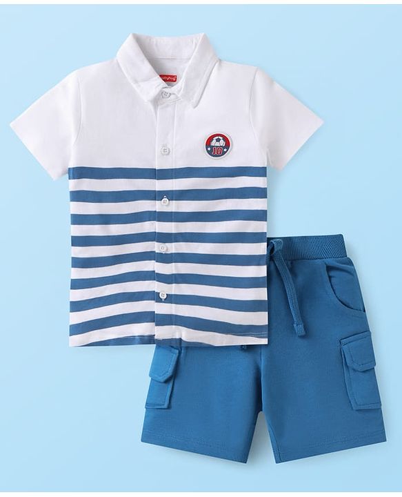 Babyhug Single Jersey Knit Half Sleeves Striped Shirts & Shorts Set - White & Blue