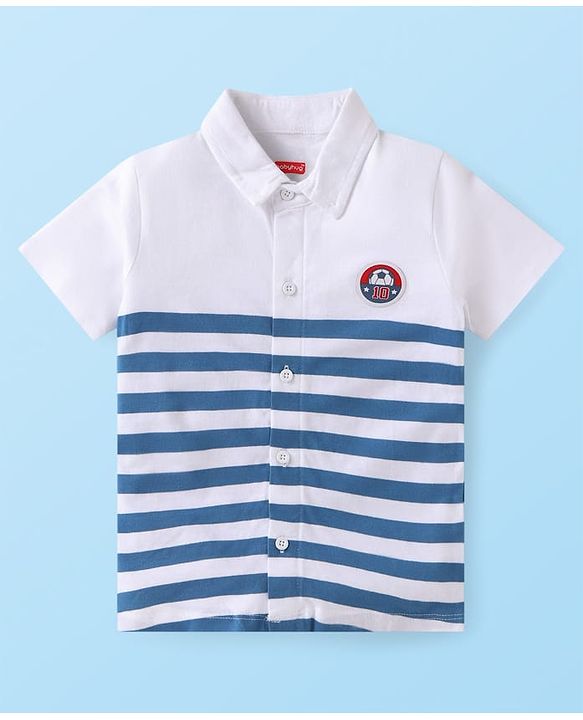 Babyhug Single Jersey Knit Half Sleeves Striped Shirts & Shorts Set - White & Blue