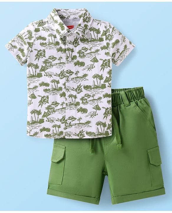 Babyhug Knitted Half Sleeves Shirt & Woven Shorts Set with Beach Theme Print - Green