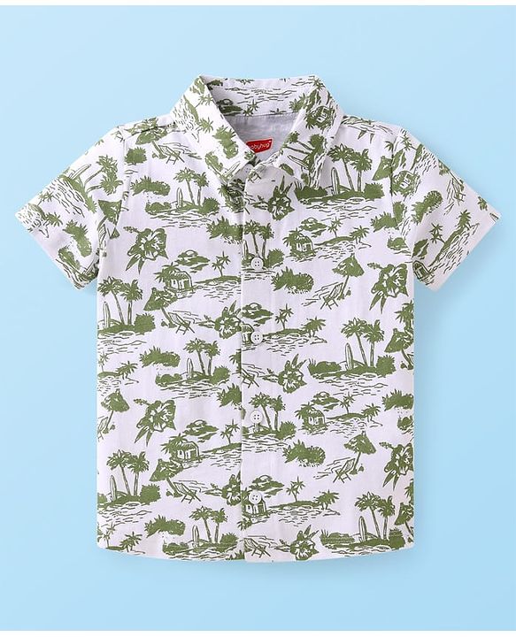 Babyhug Knitted Half Sleeves Shirt & Woven Shorts Set with Beach Theme Print - Green