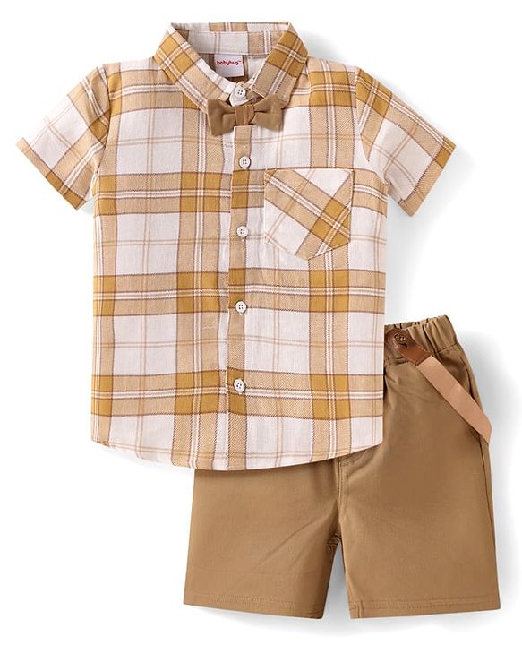 Babyhug Cotton Woven Half Sleeves Checkered Shirt & Shorts Set with Suspender & Bow Applique - Light Brown