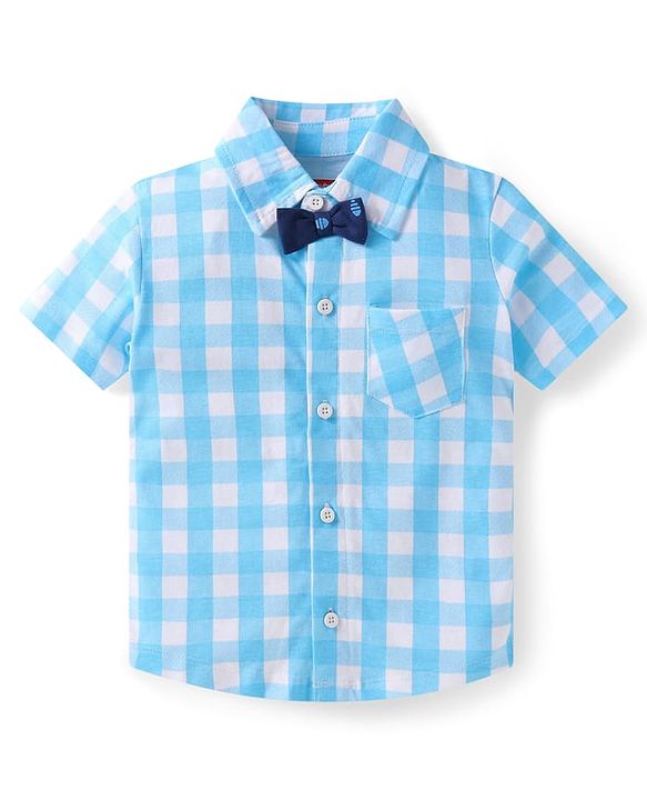 Babyhug Single Jersey Knit Half Sleeves Checks Shirt & Fish Printed Shorts With Bow Applique & Suspender - Light & Navy Blue