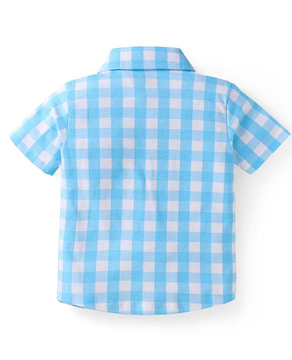 Babyhug Single Jersey Knit Half Sleeves Checks Shirt & Fish Printed Shorts With Bow Applique & Suspender - Light & Navy Blue