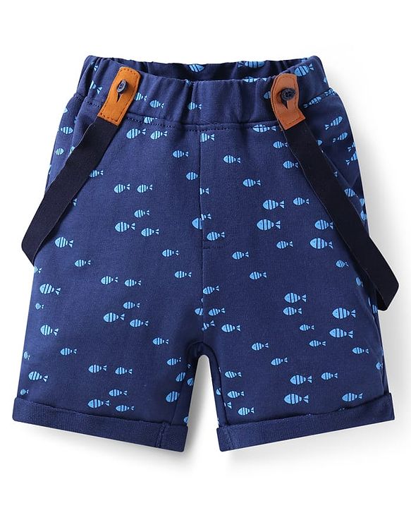Babyhug Single Jersey Knit Half Sleeves Checks Shirt & Fish Printed Shorts With Bow Applique & Suspender - Light & Navy Blue