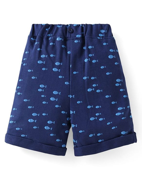 Babyhug Single Jersey Knit Half Sleeves Checks Shirt & Fish Printed Shorts With Bow Applique & Suspender - Light & Navy Blue