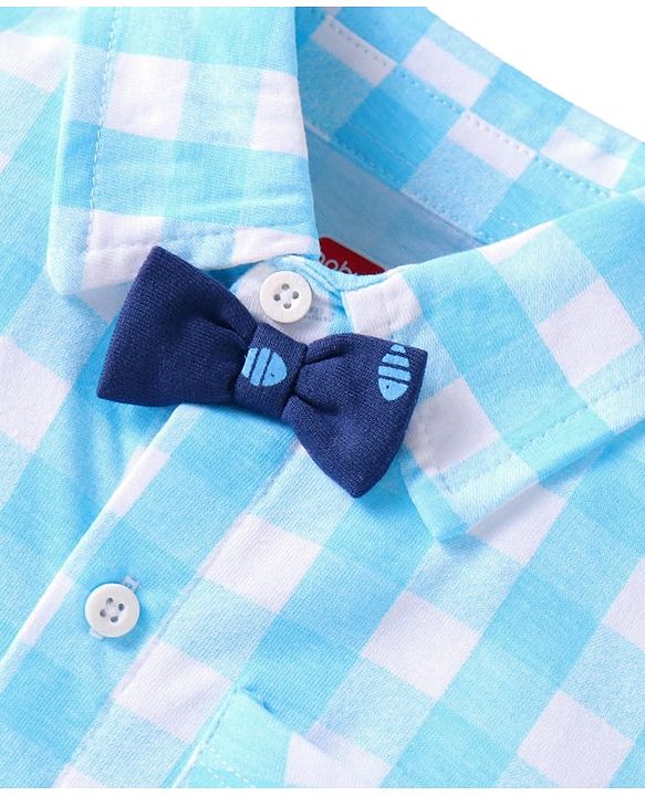 Babyhug Single Jersey Knit Half Sleeves Checks Shirt & Fish Printed Shorts With Bow Applique & Suspender - Light & Navy Blue