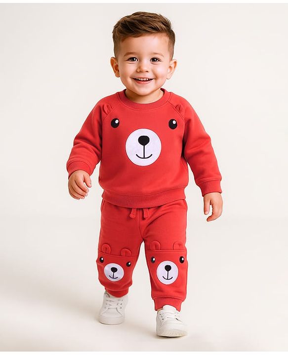 Babyhug Terry Knit Full Sleeves T-Shirt & Joggers  Set with Animal Applique - Red