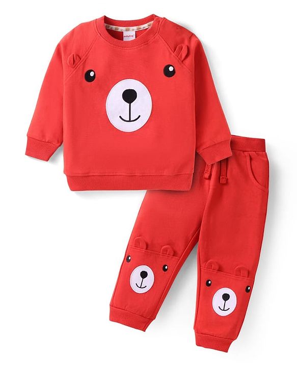 Babyhug Terry Knit Full Sleeves T-Shirt & Joggers  Set with Animal Applique - Red