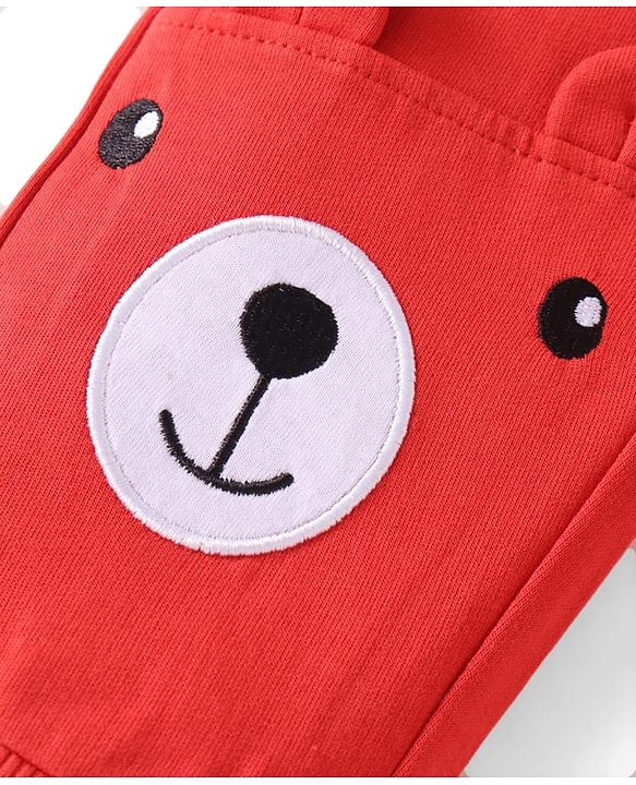Babyhug Terry Knit Full Sleeves T-Shirt & Joggers  Set with Animal Applique - Red