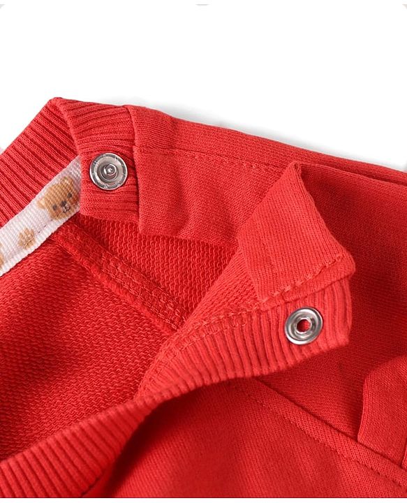 Babyhug Terry Knit Full Sleeves T-Shirt & Joggers  Set with Animal Applique - Red