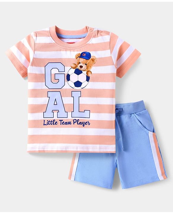 Babyhug Single Jersey Knit Half Sleeves Striped T-Shirt & Shorts Set with Text Print & Tape Detailing - Pink & Blue