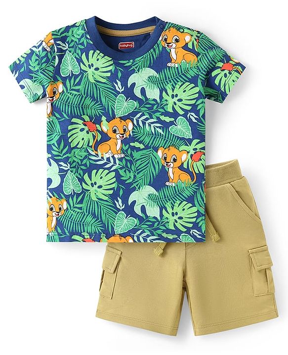 Babyhug Single Jersey Knit Half Sleeves T-Shirt & Shorts Set with Jungle Theme Print - Olive Green & Blue