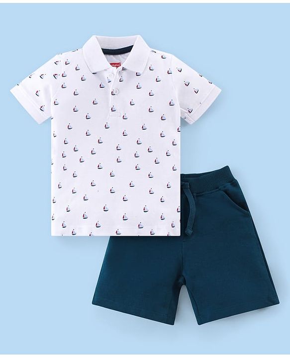 Babyhug Single Jersey Knit Half Sleeves Polo T-Shirt and Shorts Set with Winter Theme Text Print - White & Navy Blue