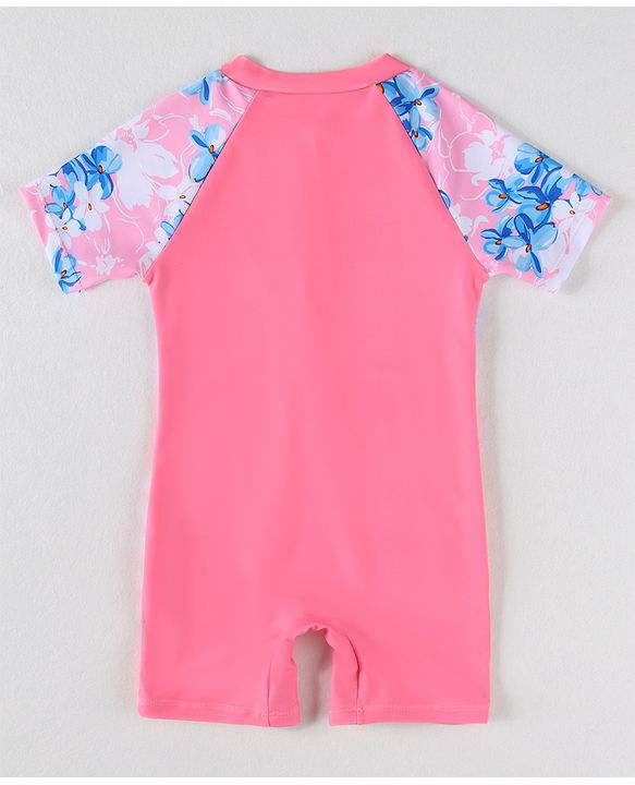 Babyhug Half Raglan Sleeves  Legged Swimsuit with Floral Print - Pink