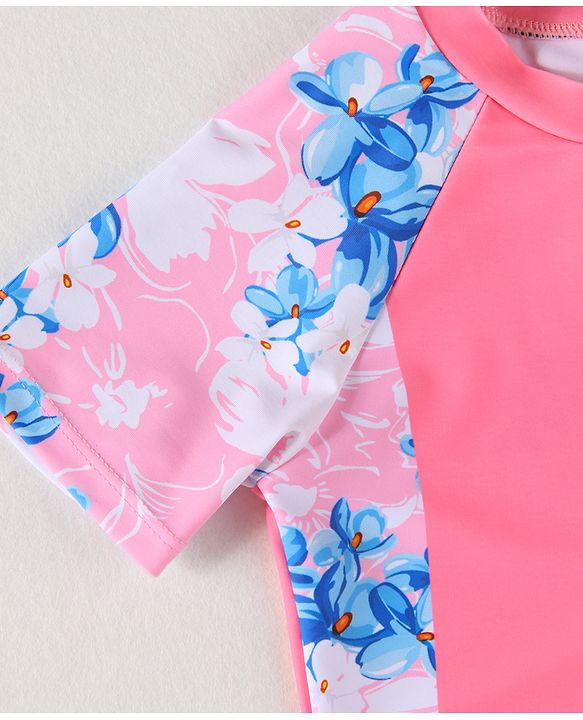 Babyhug Half Raglan Sleeves  Legged Swimsuit with Floral Print - Pink