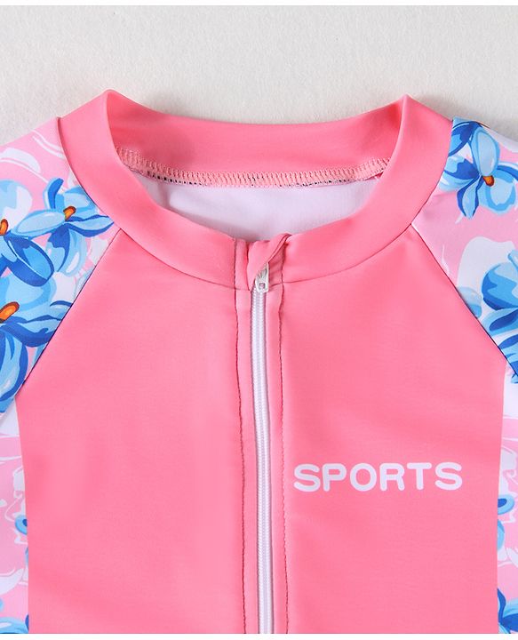 Babyhug Half Raglan Sleeves  Legged Swimsuit with Floral Print - Pink