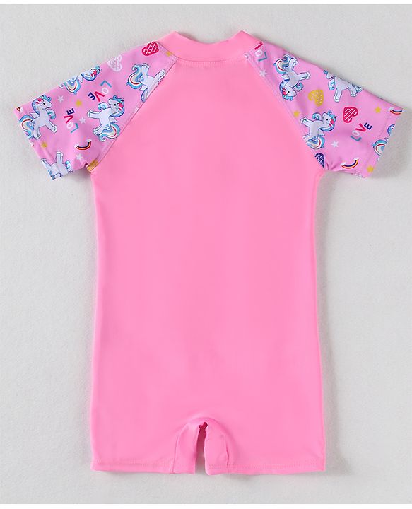 Babyhug Half Raglan Sleeves Legged Swimsuit With Unicorn Print - Pink