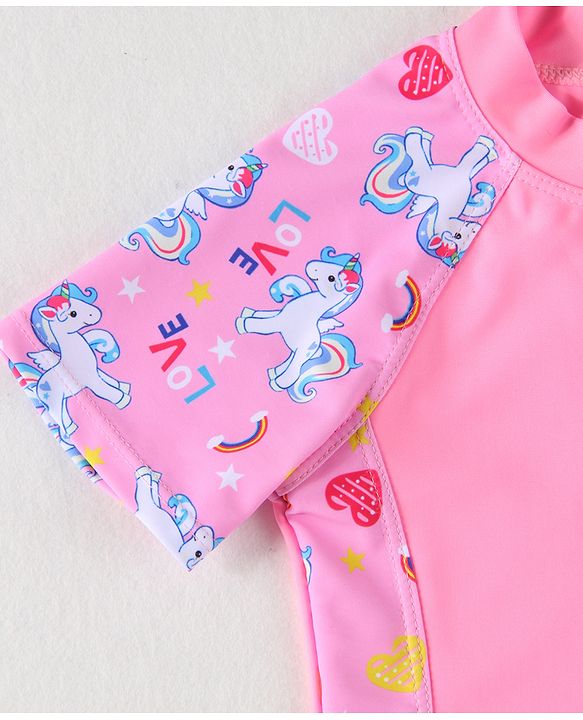 Babyhug Half Raglan Sleeves Legged Swimsuit With Unicorn Print - Pink