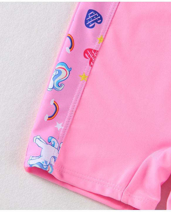 Babyhug Half Raglan Sleeves Legged Swimsuit With Unicorn Print - Pink