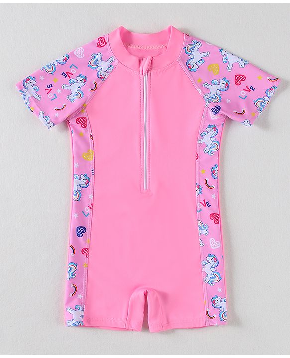 Babyhug Half Raglan Sleeves Legged Swimsuit With Unicorn Print - Pink