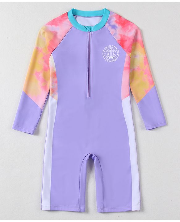 Babyhug Full Sleeves Legged Swimsuit Tie & Dye Print - Purple