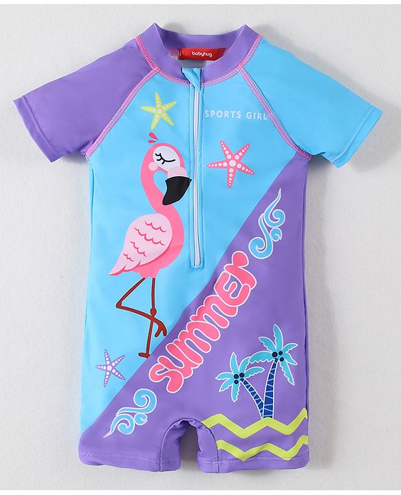 Babyhug Half Raglan Sleeves Legged Swimsuit with Swan Print - Blue