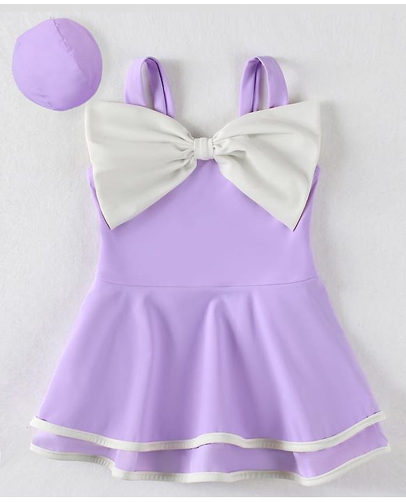 Babyhug Sleeveless Frock Swimsuit With Bow Applique & Swimming Cap - Purple