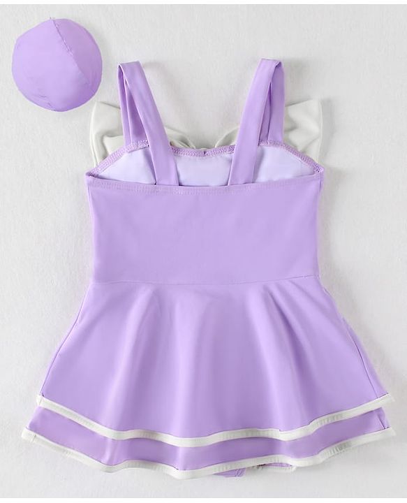 Babyhug Sleeveless Frock Swimsuit With Bow Applique & Swimming Cap - Purple