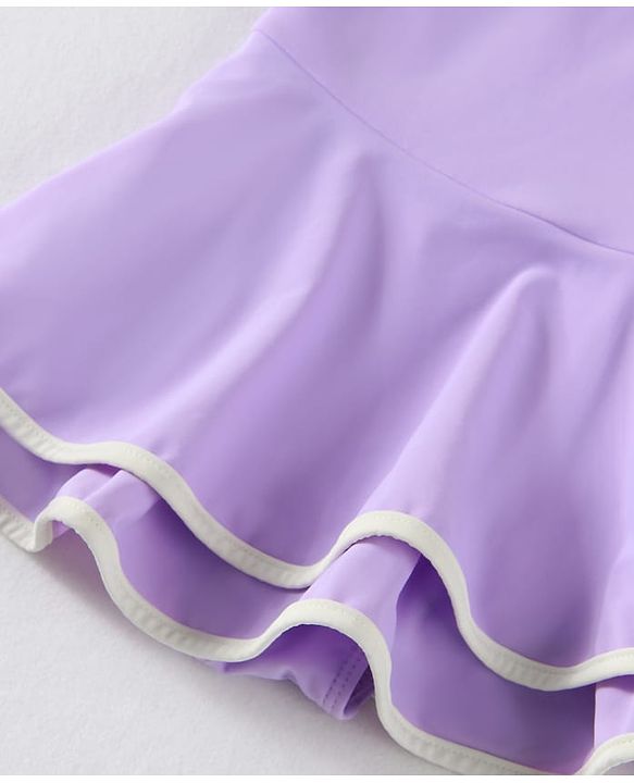 Babyhug Sleeveless Frock Swimsuit With Bow Applique & Swimming Cap - Purple