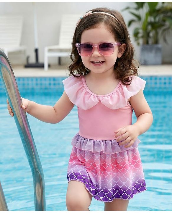 Babyhug Frill Sleeves Printed Frock Swimsuit - Pink (Color Print May Vary as Color Block Style)
