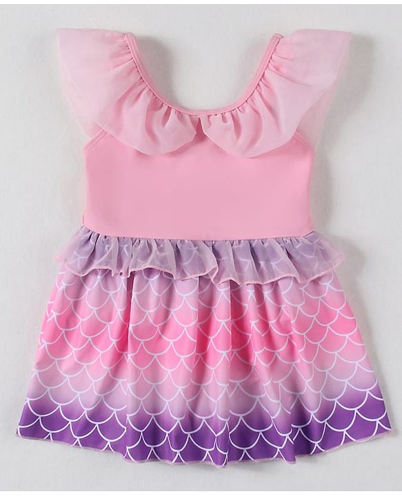 Babyhug Frill Sleeves Printed Frock Swimsuit - Pink (Color Print May Vary as Color Block Style)