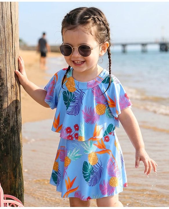 Babyhug Half Flutter Raglan Sleeves Frock Swimsuit with Floral Print - Light Blue