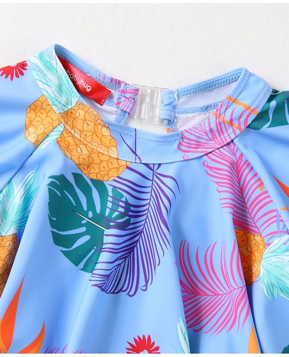 Babyhug Half Flutter Raglan Sleeves Frock Swimsuit with Floral Print - Light Blue