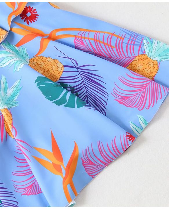 Babyhug Half Flutter Raglan Sleeves Frock Swimsuit with Floral Print - Light Blue