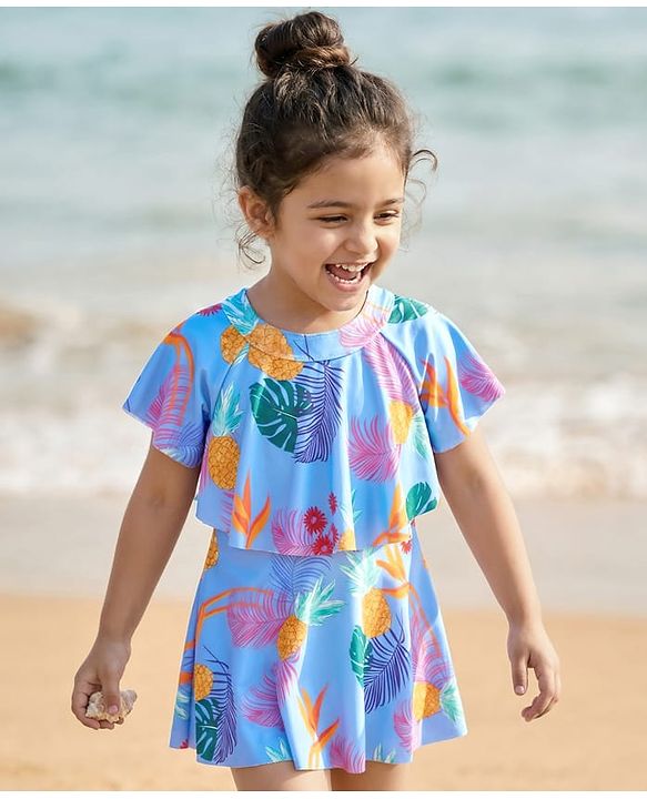 Babyhug Half Flutter Raglan Sleeves Frock Swimsuit with Floral Print - Light Blue