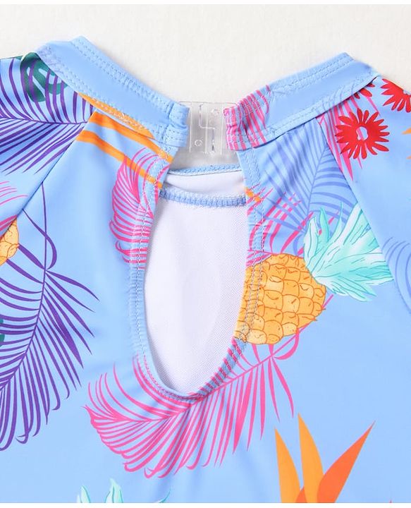 Babyhug Half Flutter Raglan Sleeves Frock Swimsuit with Floral Print - Light Blue