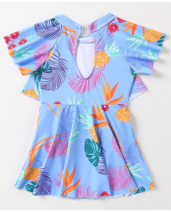 Babyhug Half Flutter Raglan Sleeves Frock Swimsuit with Floral Print - Light Blue